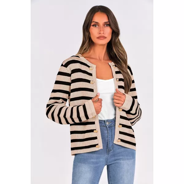 PRETTYGARDEN Womens Striped Cardigan Sweaters Ribbed Knit Long Sleeve Open Front Crewneck Casual JacketsBeige