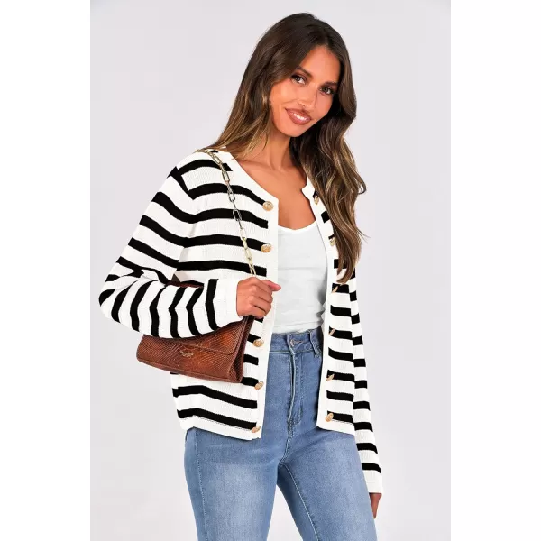PRETTYGARDEN Womens Striped Cardigan Sweaters Ribbed Knit Long Sleeve Open Front Crewneck Casual JacketsBlack