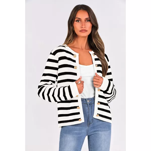 PRETTYGARDEN Womens Striped Cardigan Sweaters Ribbed Knit Long Sleeve Open Front Crewneck Casual JacketsBlack