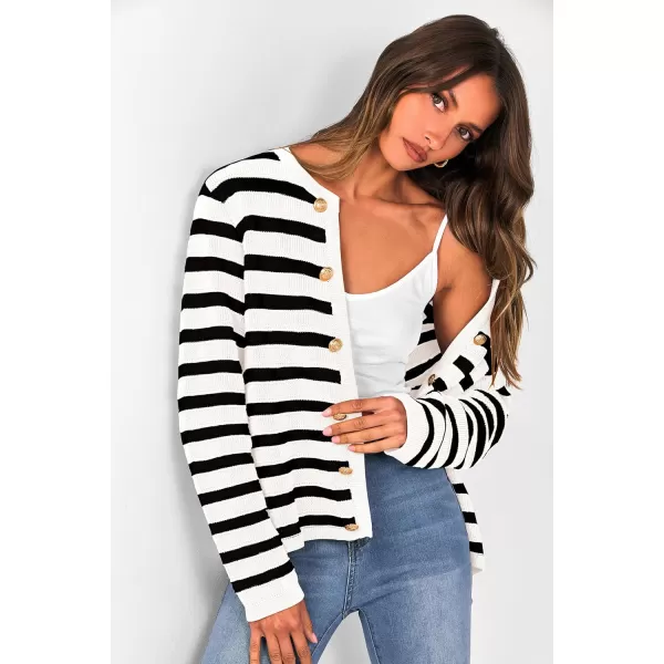 PRETTYGARDEN Womens Striped Cardigan Sweaters Ribbed Knit Long Sleeve Open Front Crewneck Casual JacketsBlack