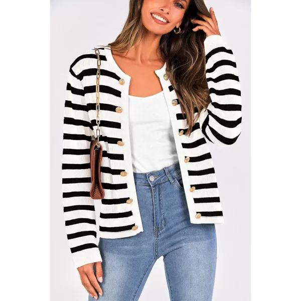 PRETTYGARDEN Womens Striped Cardigan Sweaters Ribbed Knit Long Sleeve Open Front Crewneck Casual JacketsBlack