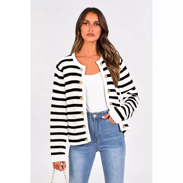 PRETTYGARDEN Womens Striped Cardigan Sweaters Ribbed Knit Long Sleeve Open Front Crewneck Casual JacketsBlack