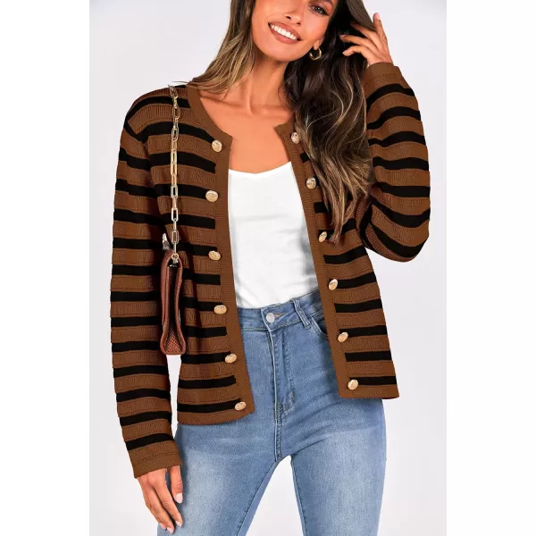 PRETTYGARDEN Womens Striped Cardigan Sweaters Ribbed Knit Long Sleeve Open Front Crewneck Casual JacketsCamel