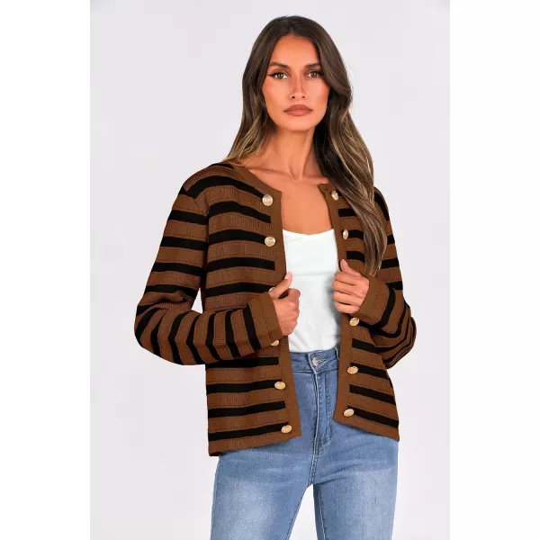 PRETTYGARDEN Womens Striped Cardigan Sweaters Ribbed Knit Long Sleeve Open Front Crewneck Casual JacketsCamel
