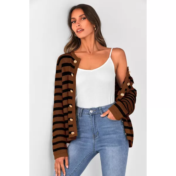 PRETTYGARDEN Womens Striped Cardigan Sweaters Ribbed Knit Long Sleeve Open Front Crewneck Casual JacketsCamel