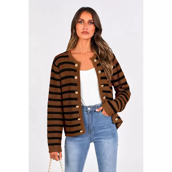 PRETTYGARDEN Womens Striped Cardigan Sweaters Ribbed Knit Long Sleeve Open Front Crewneck Casual JacketsCamel