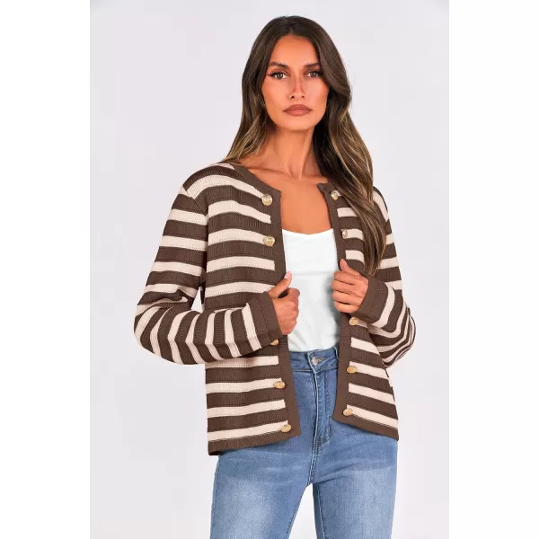 PRETTYGARDEN Womens Striped Cardigan Sweaters Ribbed Knit Long Sleeve Open Front Crewneck Casual JacketsCoffee