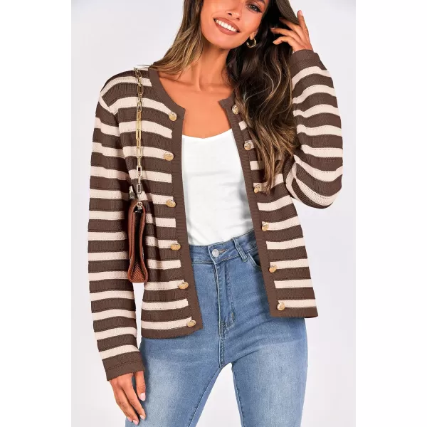 PRETTYGARDEN Womens Striped Cardigan Sweaters Ribbed Knit Long Sleeve Open Front Crewneck Casual JacketsCoffee