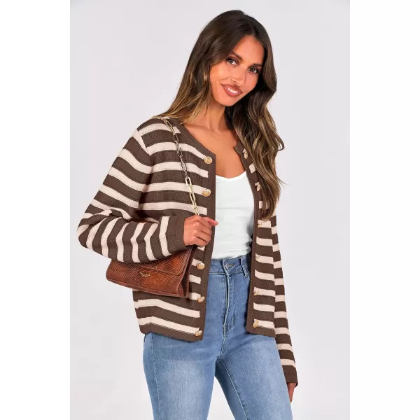 PRETTYGARDEN Womens Striped Cardigan Sweaters Ribbed Knit Long Sleeve Open Front Crewneck Casual JacketsCoffee