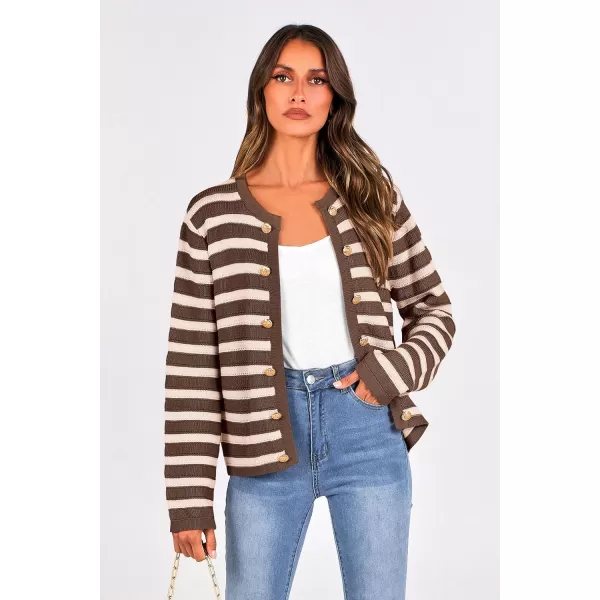 PRETTYGARDEN Womens Striped Cardigan Sweaters Ribbed Knit Long Sleeve Open Front Crewneck Casual JacketsCoffee