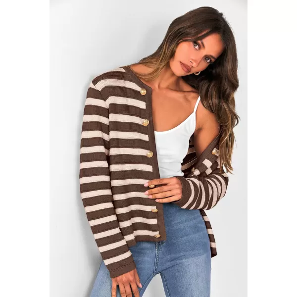 PRETTYGARDEN Womens Striped Cardigan Sweaters Ribbed Knit Long Sleeve Open Front Crewneck Casual JacketsCoffee