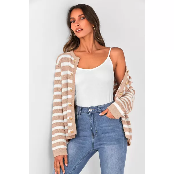 PRETTYGARDEN Womens Striped Cardigan Sweaters Ribbed Knit Long Sleeve Open Front Crewneck Casual JacketsKhaki