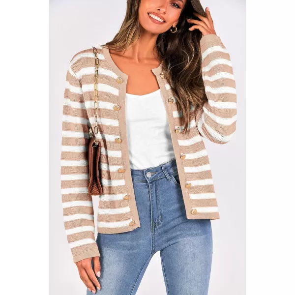 PRETTYGARDEN Womens Striped Cardigan Sweaters Ribbed Knit Long Sleeve Open Front Crewneck Casual JacketsKhaki