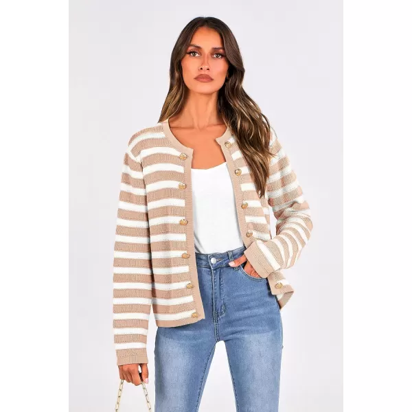 PRETTYGARDEN Womens Striped Cardigan Sweaters Ribbed Knit Long Sleeve Open Front Crewneck Casual JacketsKhaki