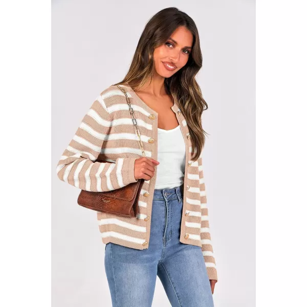PRETTYGARDEN Womens Striped Cardigan Sweaters Ribbed Knit Long Sleeve Open Front Crewneck Casual JacketsKhaki