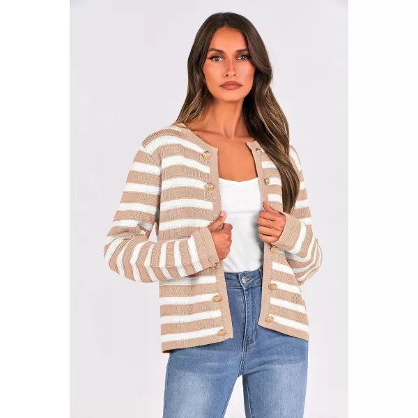 PRETTYGARDEN Womens Striped Cardigan Sweaters Ribbed Knit Long Sleeve Open Front Crewneck Casual JacketsKhaki