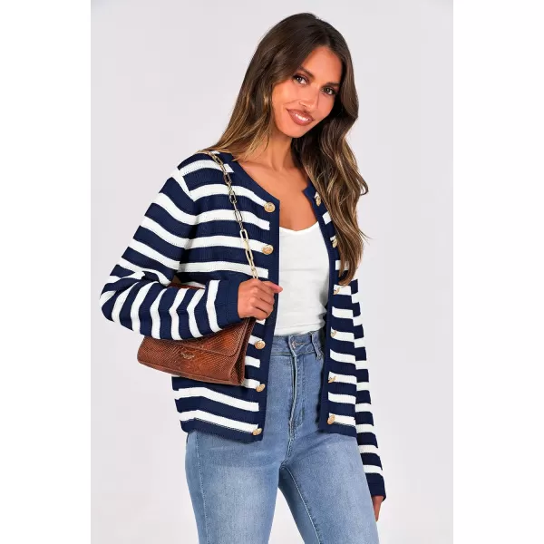 PRETTYGARDEN Womens Striped Cardigan Sweaters Ribbed Knit Long Sleeve Open Front Crewneck Casual JacketsNavy