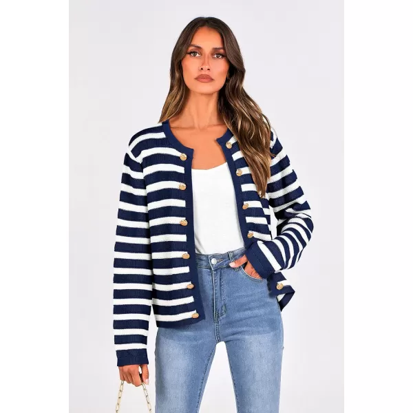 PRETTYGARDEN Womens Striped Cardigan Sweaters Ribbed Knit Long Sleeve Open Front Crewneck Casual JacketsNavy