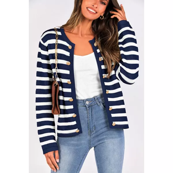 PRETTYGARDEN Womens Striped Cardigan Sweaters Ribbed Knit Long Sleeve Open Front Crewneck Casual JacketsNavy
