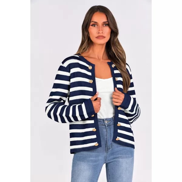 PRETTYGARDEN Womens Striped Cardigan Sweaters Ribbed Knit Long Sleeve Open Front Crewneck Casual JacketsNavy