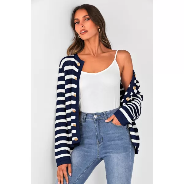 PRETTYGARDEN Womens Striped Cardigan Sweaters Ribbed Knit Long Sleeve Open Front Crewneck Casual JacketsNavy