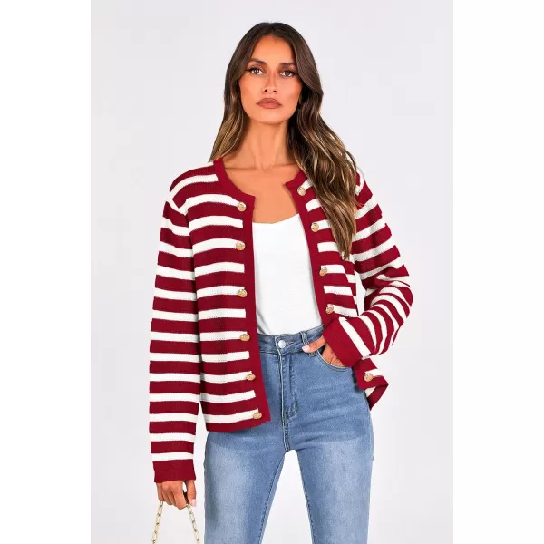 PRETTYGARDEN Womens Striped Cardigan Sweaters Ribbed Knit Long Sleeve Open Front Crewneck Casual JacketsWine Red