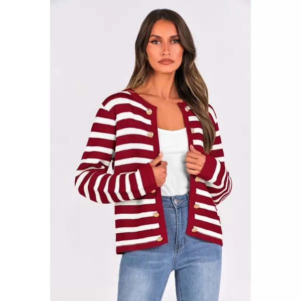 PRETTYGARDEN Womens Striped Cardigan Sweaters Ribbed Knit Long Sleeve Open Front Crewneck Casual JacketsWine Red