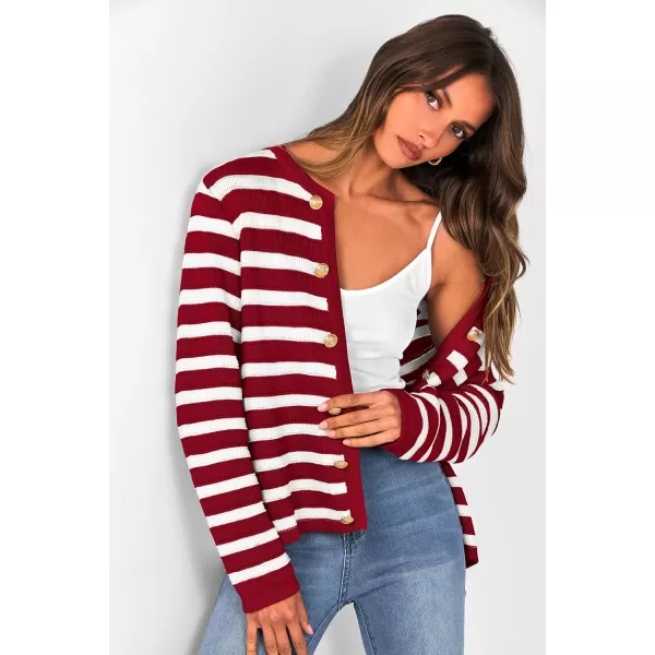 PRETTYGARDEN Womens Striped Cardigan Sweaters Ribbed Knit Long Sleeve Open Front Crewneck Casual JacketsWine Red