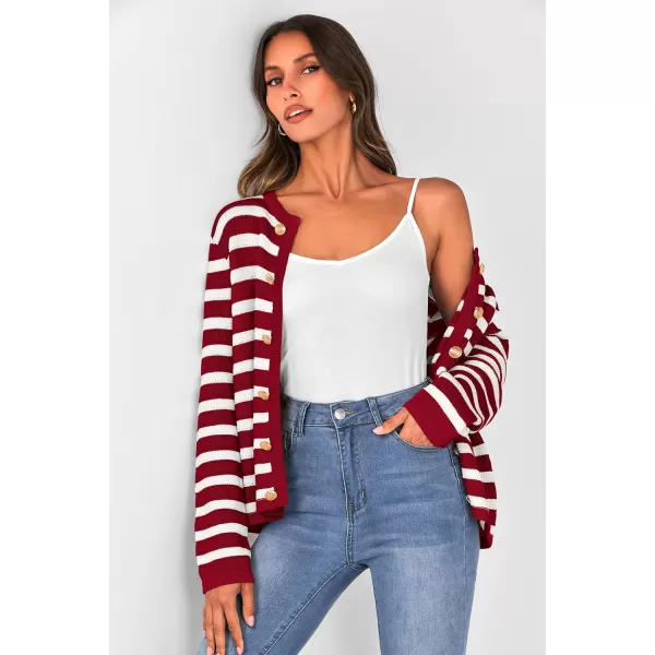 PRETTYGARDEN Womens Striped Cardigan Sweaters Ribbed Knit Long Sleeve Open Front Crewneck Casual JacketsWine Red