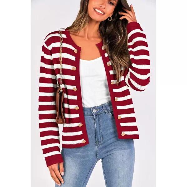 PRETTYGARDEN Womens Striped Cardigan Sweaters Ribbed Knit Long Sleeve Open Front Crewneck Casual JacketsWine Red