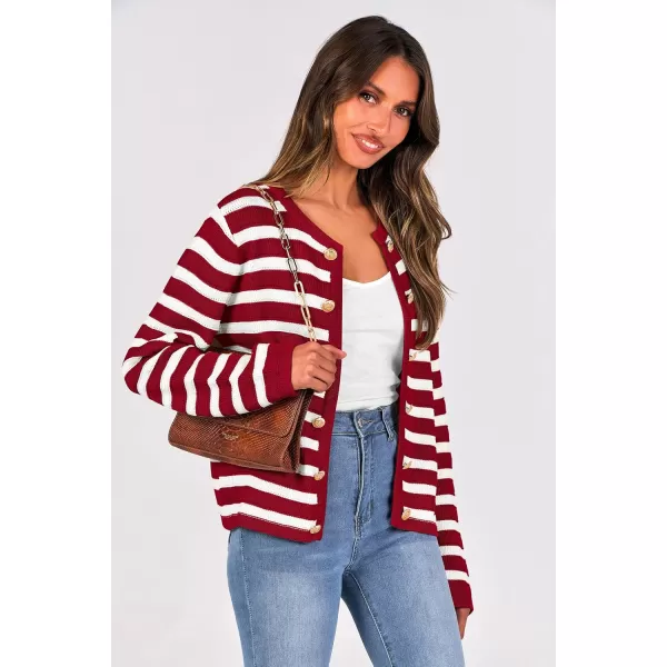 PRETTYGARDEN Womens Striped Cardigan Sweaters Ribbed Knit Long Sleeve Open Front Crewneck Casual JacketsWine Red