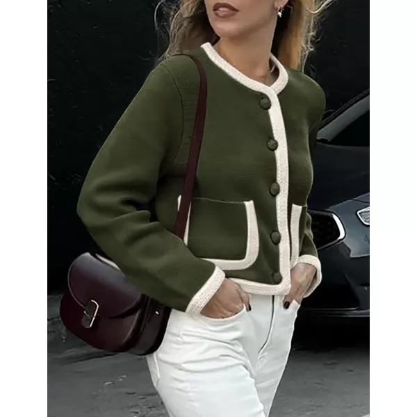 PRETTYGARDEN Womens Trendy Button Down Open Front Cardigan Sweaters Knit Color Block Jackets Cute Fashion Fall ClothesArmy Green