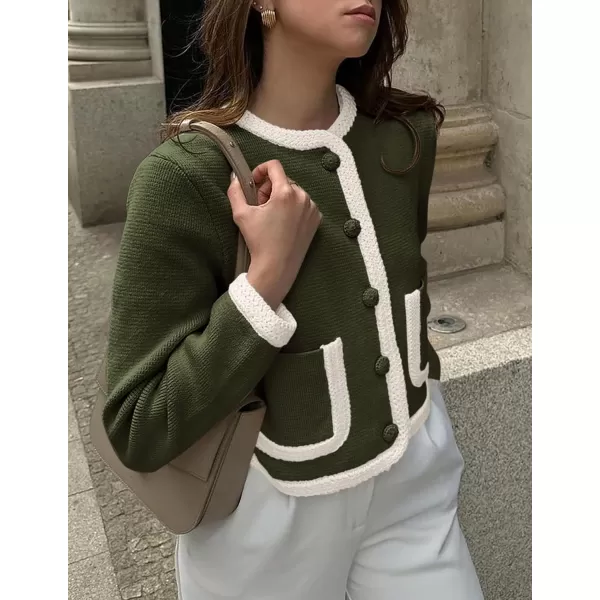 PRETTYGARDEN Womens Trendy Button Down Open Front Cardigan Sweaters Knit Color Block Jackets Cute Fashion Fall ClothesArmy Green