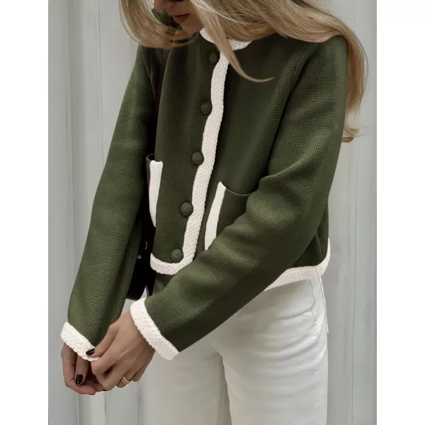 PRETTYGARDEN Womens Trendy Button Down Open Front Cardigan Sweaters Knit Color Block Jackets Cute Fashion Fall ClothesArmy Green