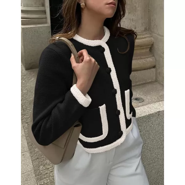 PRETTYGARDEN Womens Trendy Button Down Open Front Cardigan Sweaters Knit Color Block Jackets Cute Fashion Fall ClothesBlack