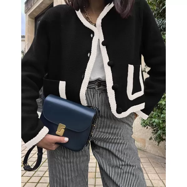 PRETTYGARDEN Womens Trendy Button Down Open Front Cardigan Sweaters Knit Color Block Jackets Cute Fashion Fall ClothesBlack