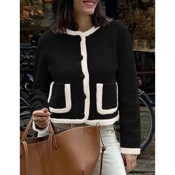 PRETTYGARDEN Womens Trendy Button Down Open Front Cardigan Sweaters Knit Color Block Jackets Cute Fashion Fall ClothesBlack