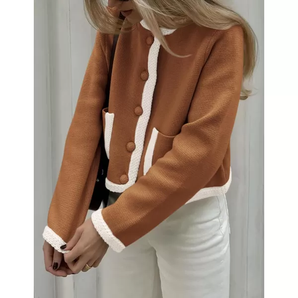 PRETTYGARDEN Womens Trendy Button Down Open Front Cardigan Sweaters Knit Color Block Jackets Cute Fashion Fall ClothesCaramel
