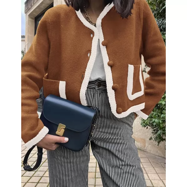 PRETTYGARDEN Womens Trendy Button Down Open Front Cardigan Sweaters Knit Color Block Jackets Cute Fashion Fall ClothesCaramel