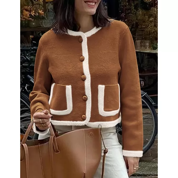 PRETTYGARDEN Womens Trendy Button Down Open Front Cardigan Sweaters Knit Color Block Jackets Cute Fashion Fall ClothesCaramel
