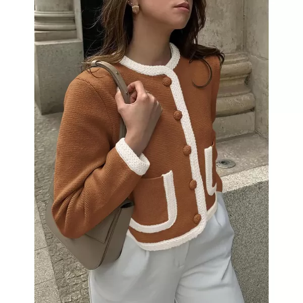 PRETTYGARDEN Womens Trendy Button Down Open Front Cardigan Sweaters Knit Color Block Jackets Cute Fashion Fall ClothesCaramel