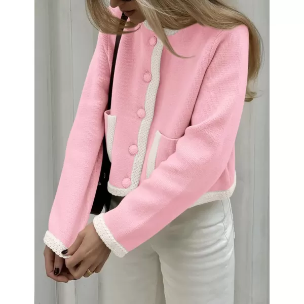 PRETTYGARDEN Womens Trendy Button Down Open Front Cardigan Sweaters Knit Color Block Jackets Cute Fashion Fall ClothesPink