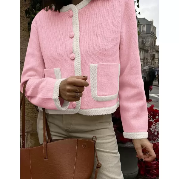 PRETTYGARDEN Womens Trendy Button Down Open Front Cardigan Sweaters Knit Color Block Jackets Cute Fashion Fall ClothesPink