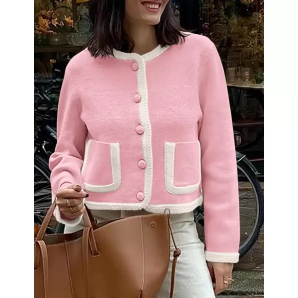 PRETTYGARDEN Womens Trendy Button Down Open Front Cardigan Sweaters Knit Color Block Jackets Cute Fashion Fall ClothesPink