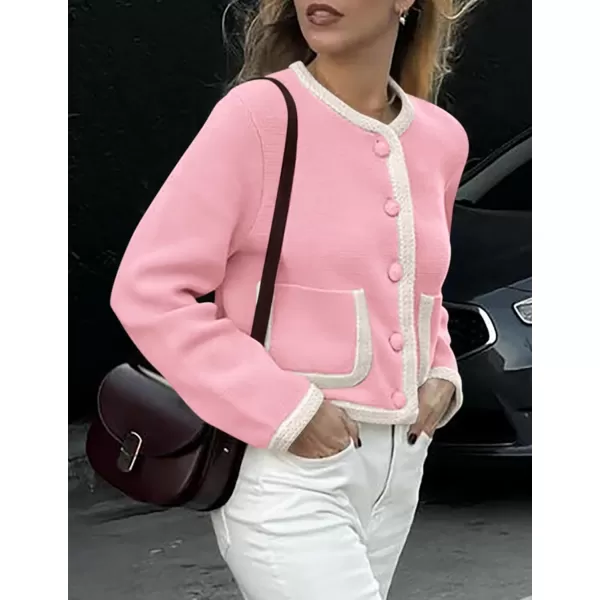 PRETTYGARDEN Womens Trendy Button Down Open Front Cardigan Sweaters Knit Color Block Jackets Cute Fashion Fall ClothesPink