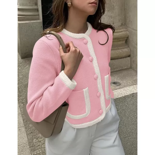 PRETTYGARDEN Womens Trendy Button Down Open Front Cardigan Sweaters Knit Color Block Jackets Cute Fashion Fall ClothesPink