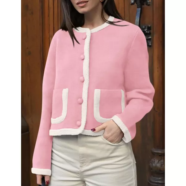 PRETTYGARDEN Womens Trendy Button Down Open Front Cardigan Sweaters Knit Color Block Jackets Cute Fashion Fall ClothesPink