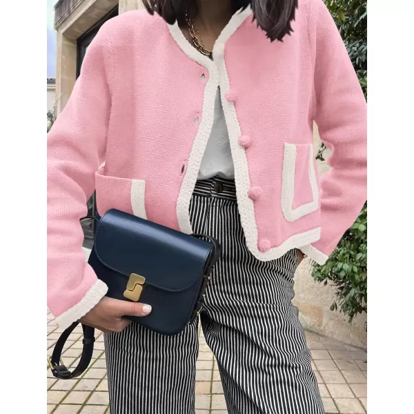 PRETTYGARDEN Womens Trendy Button Down Open Front Cardigan Sweaters Knit Color Block Jackets Cute Fashion Fall ClothesPink