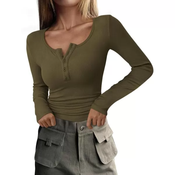 PRETTYGARDEN Womens 2024 Fall Long Sleeve Henley T Shirts Button Ribbed Knit Slim Fit Casual Basic Tops BlouseArmy Green