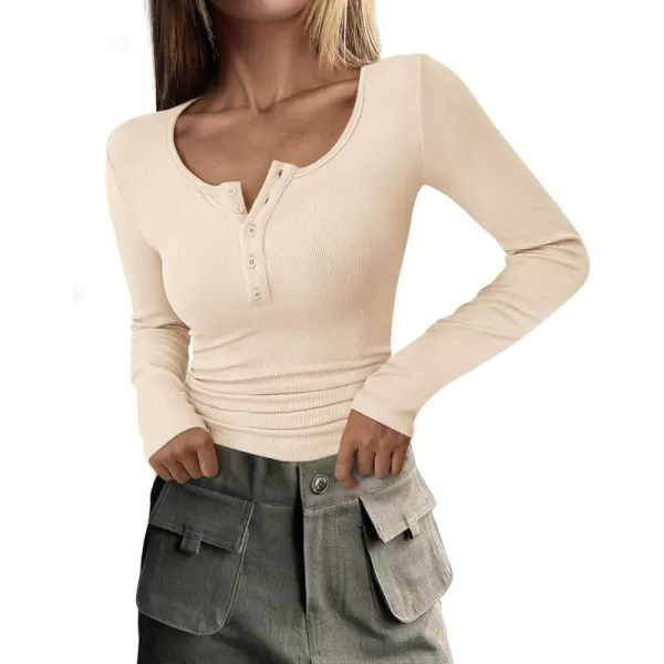PRETTYGARDEN Womens 2024 Fall Long Sleeve Henley T Shirts Button Ribbed Knit Slim Fit Casual Basic Tops BlouseBeige